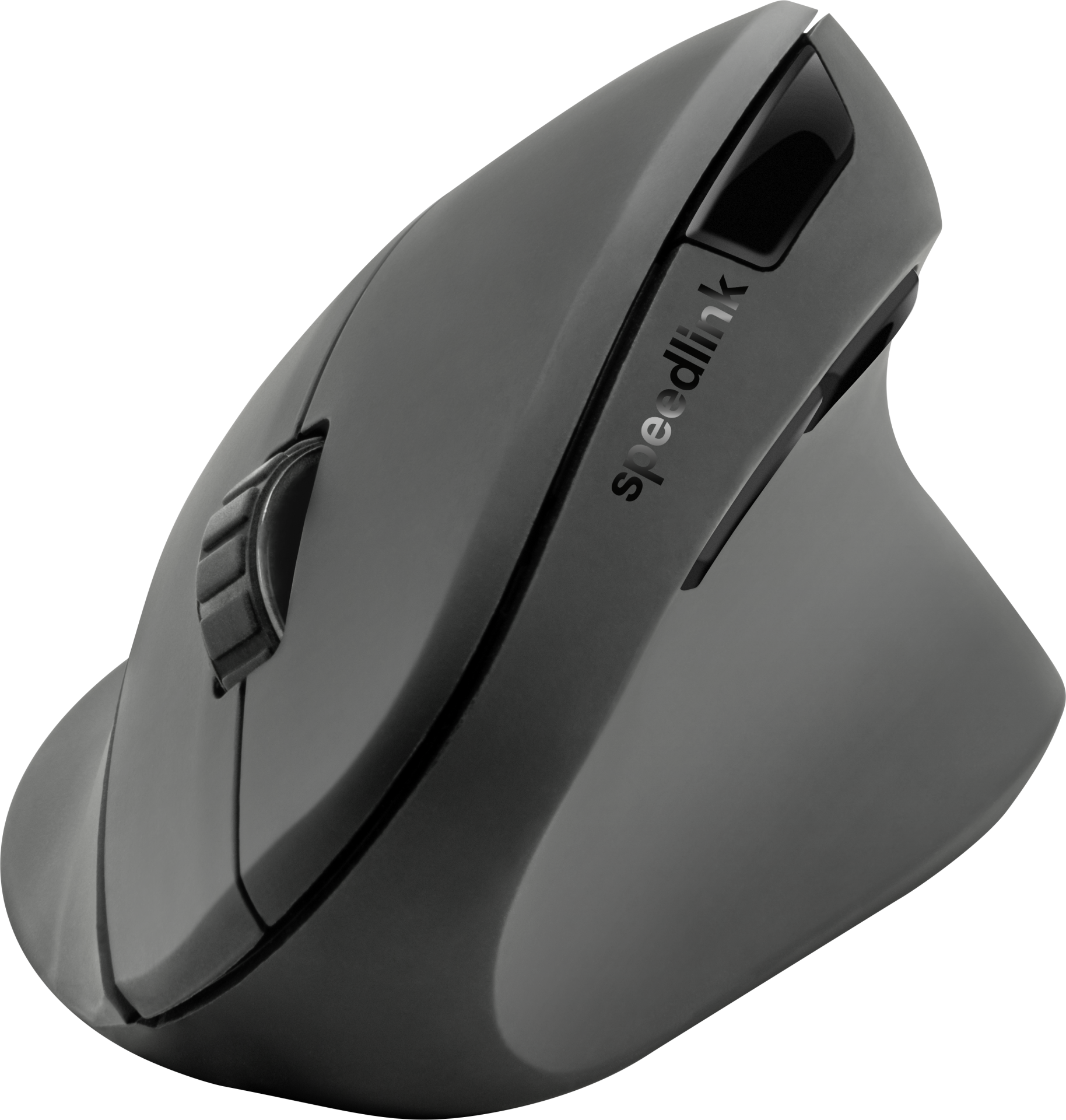Un mouse ergonomico grigio scuro angolato verso l'osservatore.