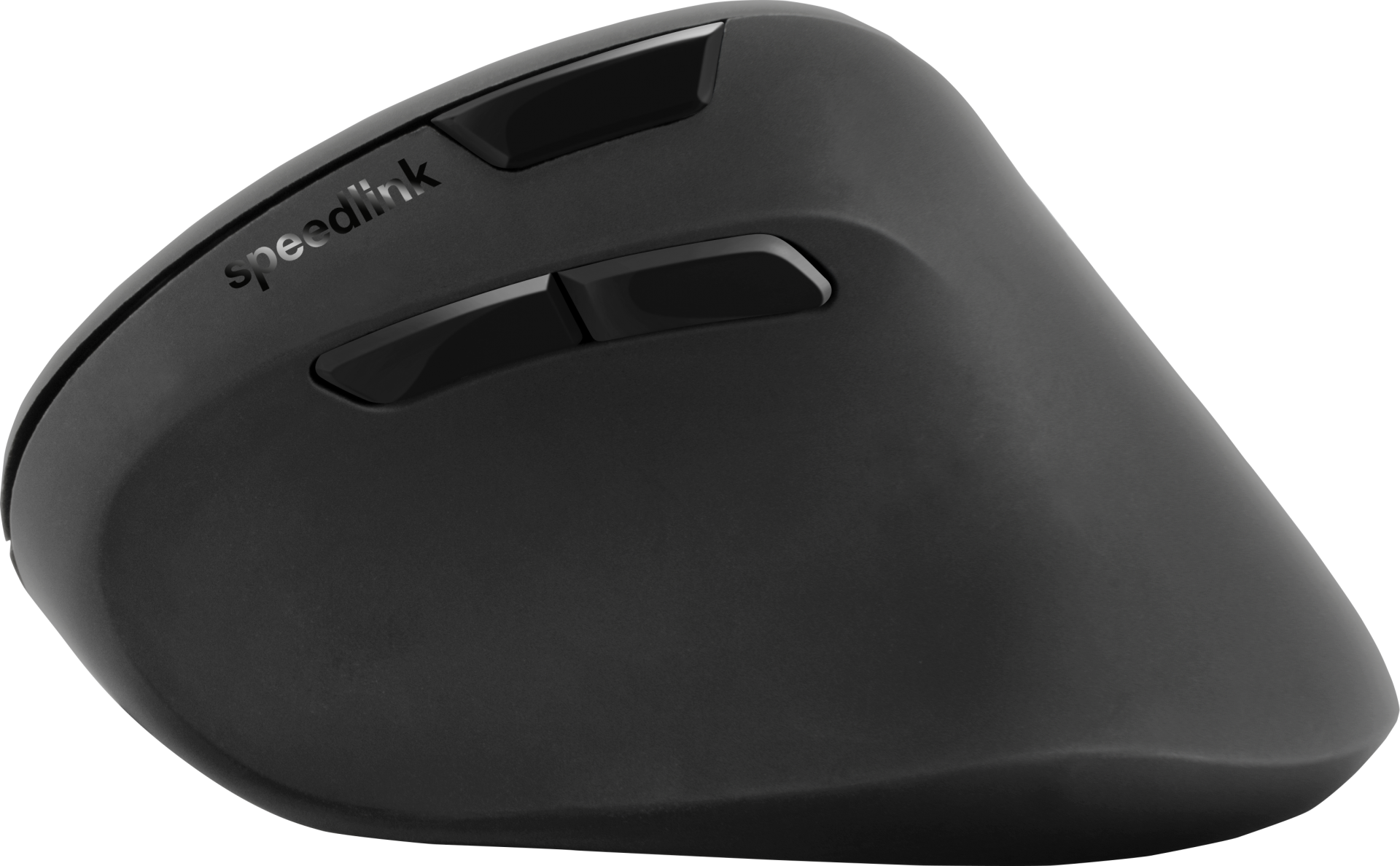 Mouse ergonomico nero. Ha due pulsanti e un design liscio e curvo.
