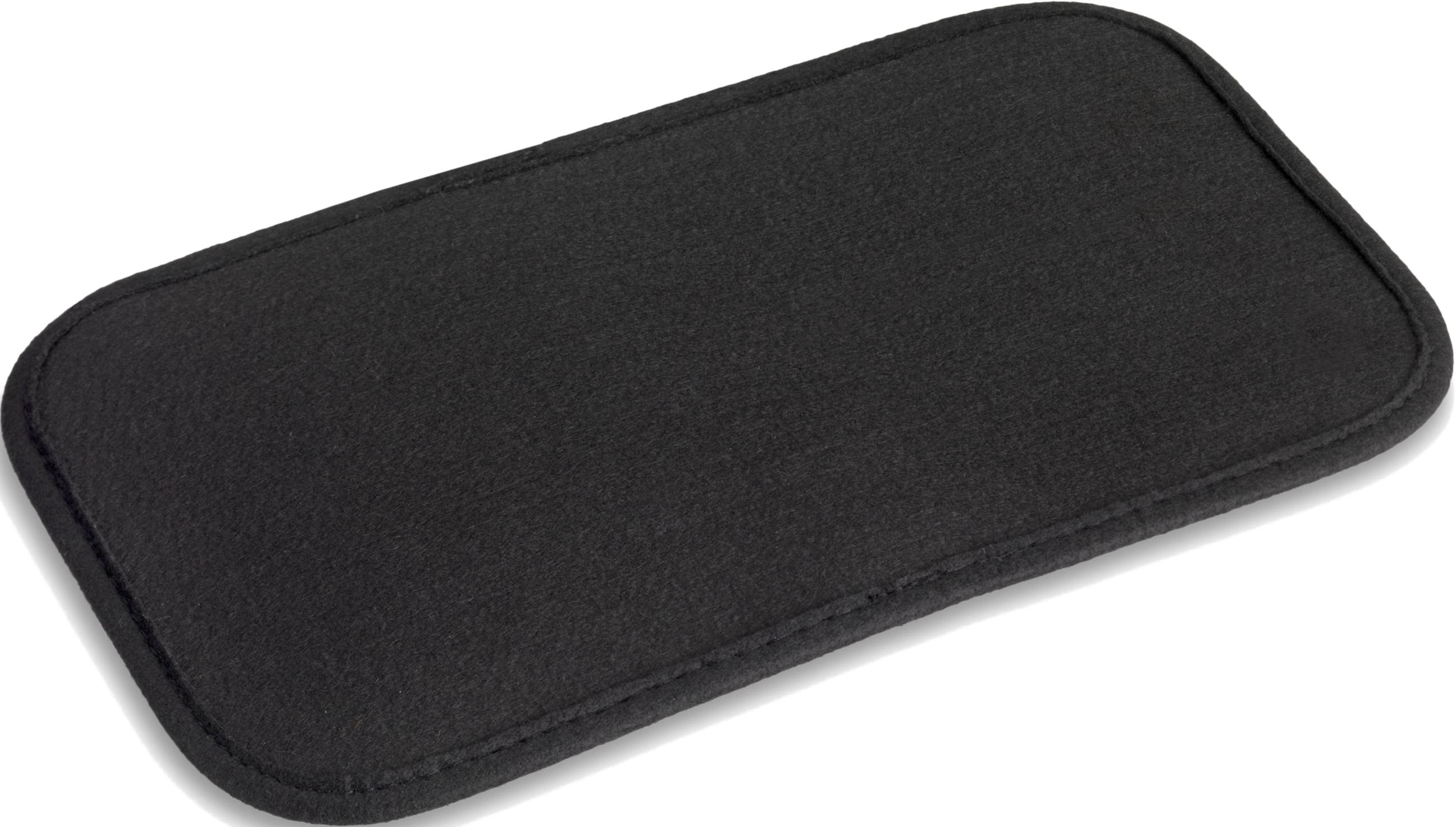 Un coussin rectangulaire noir aux coins arrondis. Il a une texture semblable à du tissu et un bord cousu.