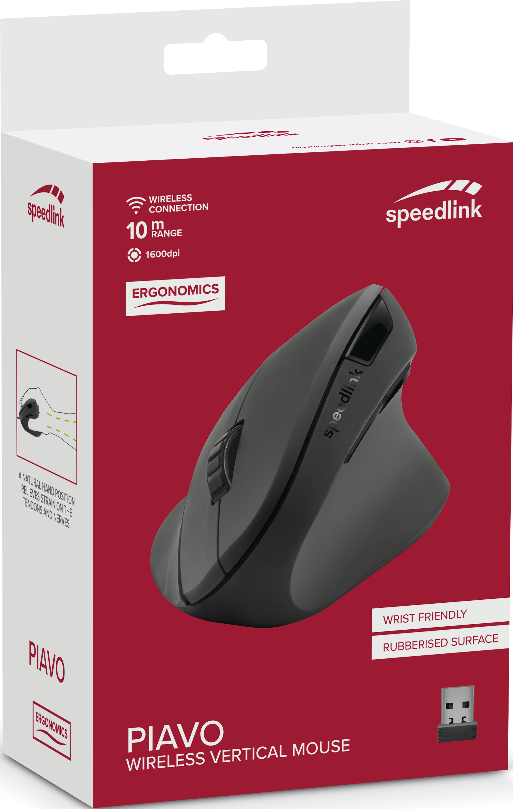 Un mouse verticale Speedlink nero e grigio con una scatola. La scatola è rossa.