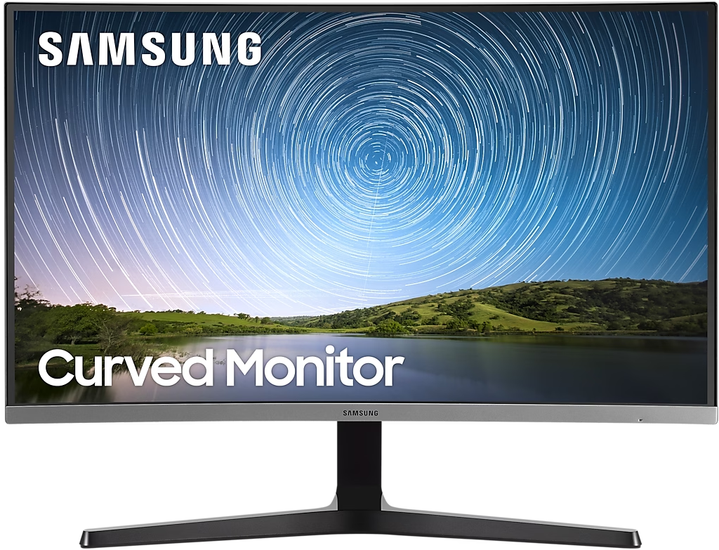 Moniteur incurvé Samsung affichant une nuit étoilée au-dessus d'un lac.
