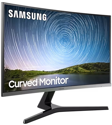 Un moniteur d'ordinateur incurvé avec un affichage de ciel étoilé et un logo Samsung.