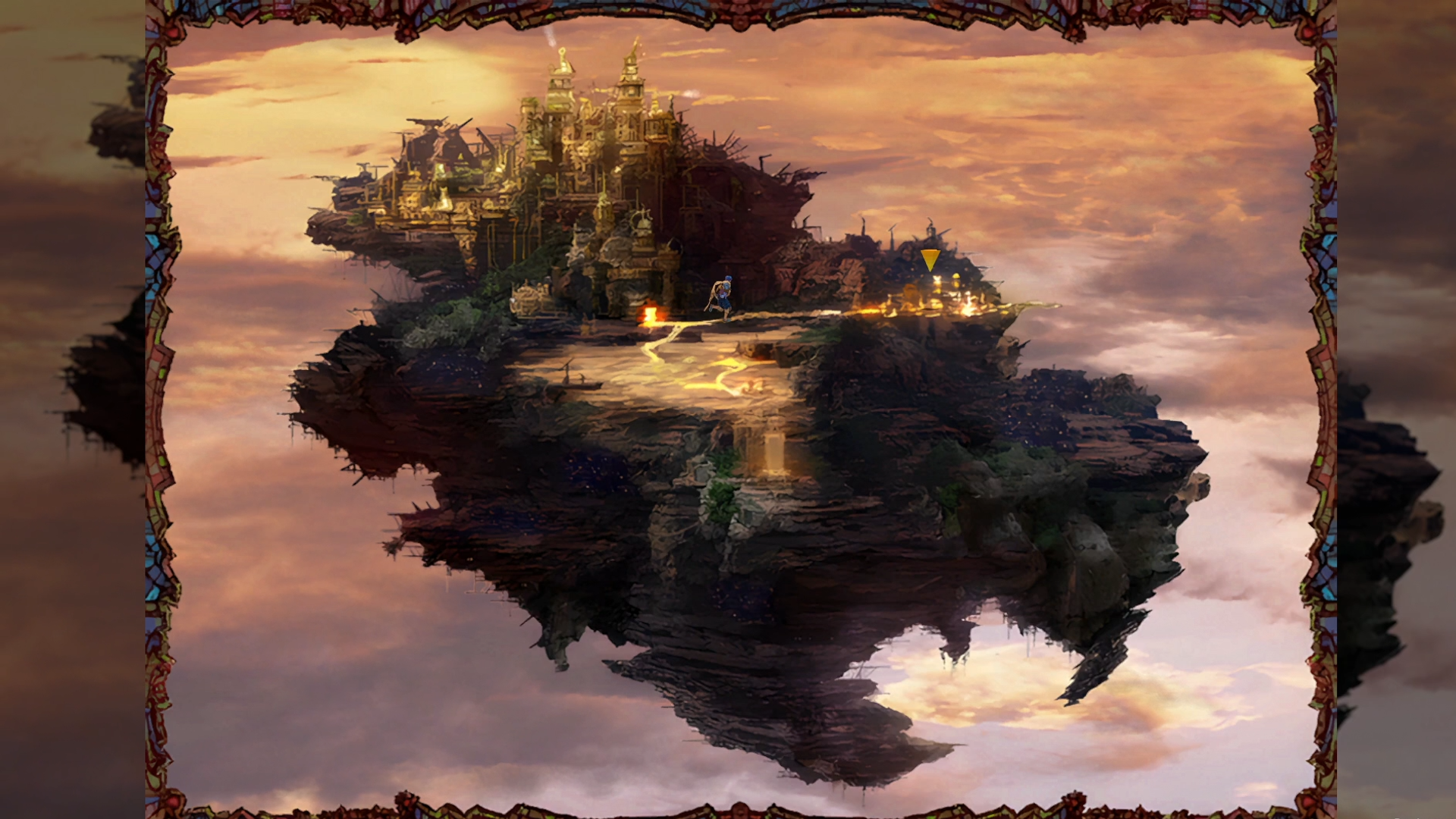Fantasy-Insel mit Burg, die in den Wolken schwebt, umgeben von einem verzierten Rahmen.