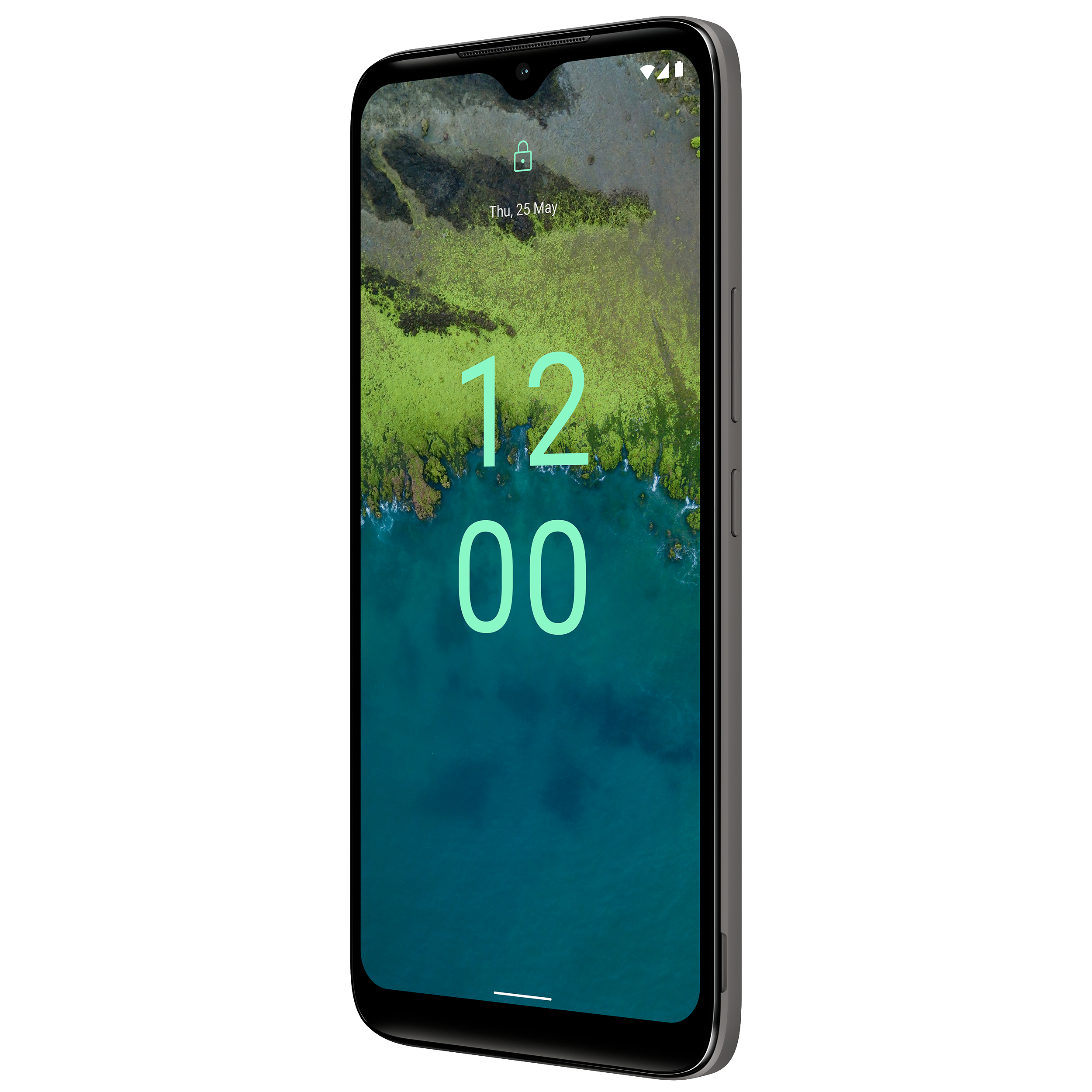 Ein schwarzes Smartphone, das die Uhrzeit auf dem Bildschirm anzeigt, mit grünem und blauem Hintergrund.