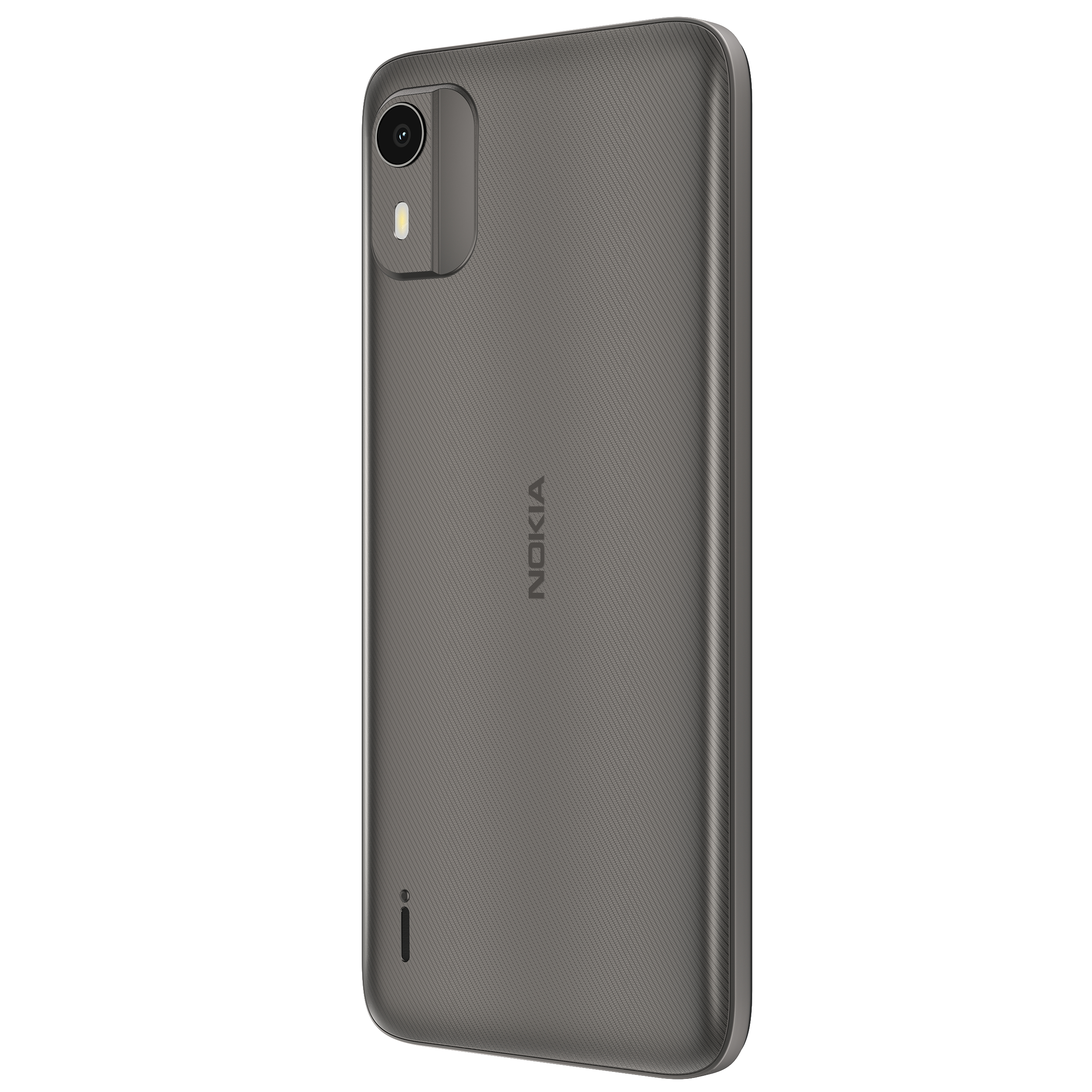 Ein graues Nokia-Smartphone, das die Rückseite mit Kamera und Nokia-Logo zeigt.
