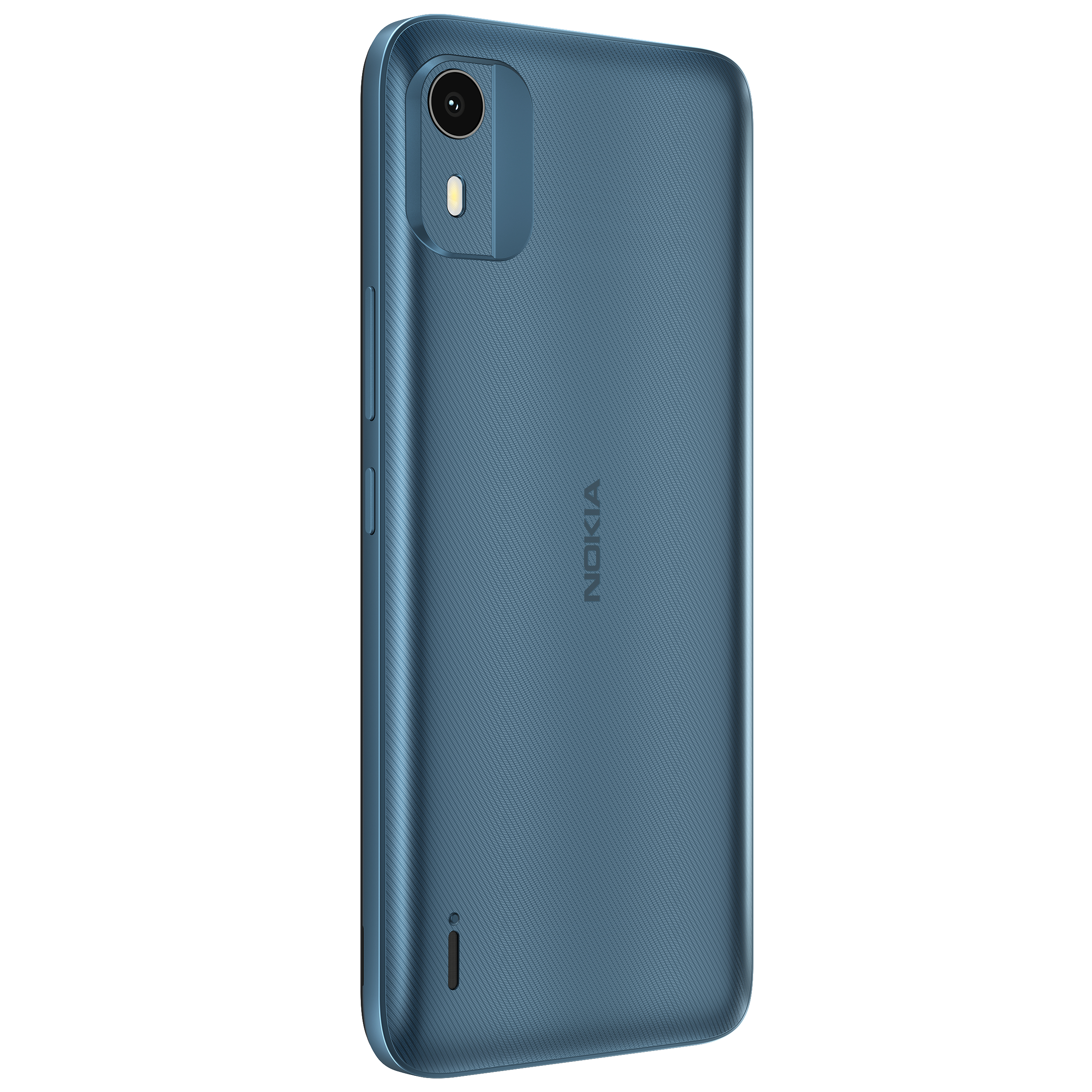Ein blaues Nokia-Smartphone, Rückansicht, mit Kamera und Nokia-Logo.