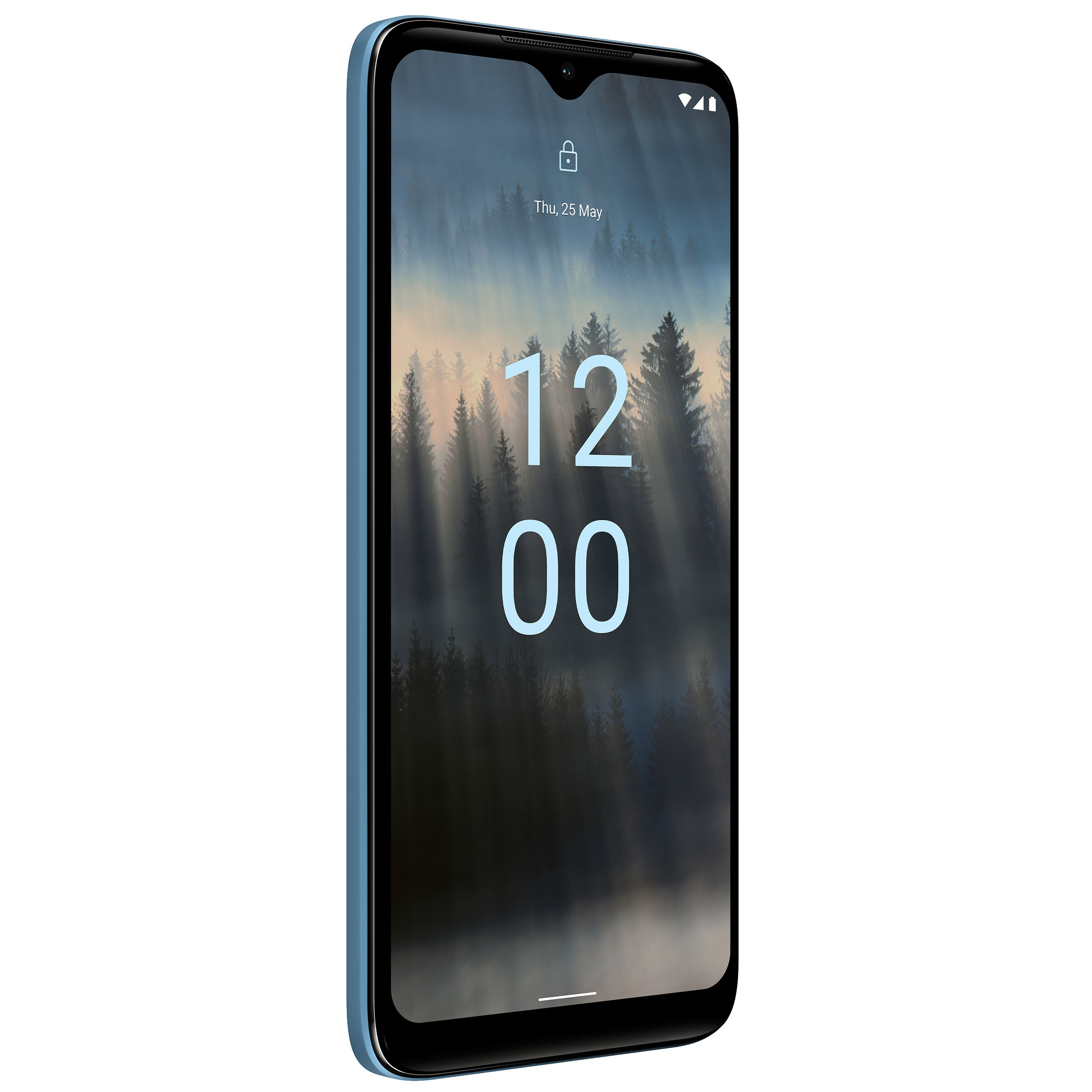 Blaues Nokia-Telefon, das einen Sperrbildschirm mit einem Naturbild anzeigt.