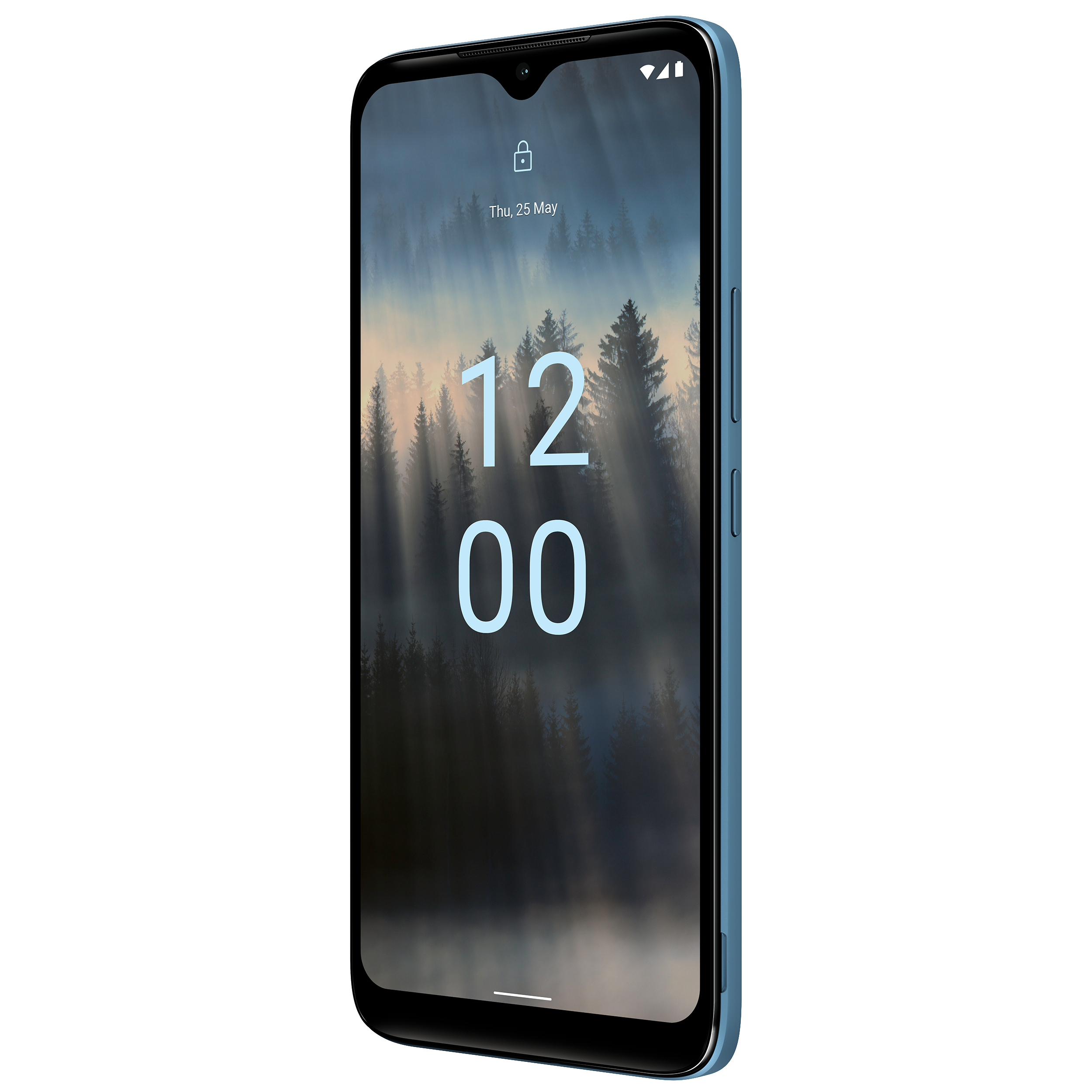 Blaues Nokia-Smartphone mit Sperrbildschirm, der ein Waldbild und die Uhrzeit zeigt.