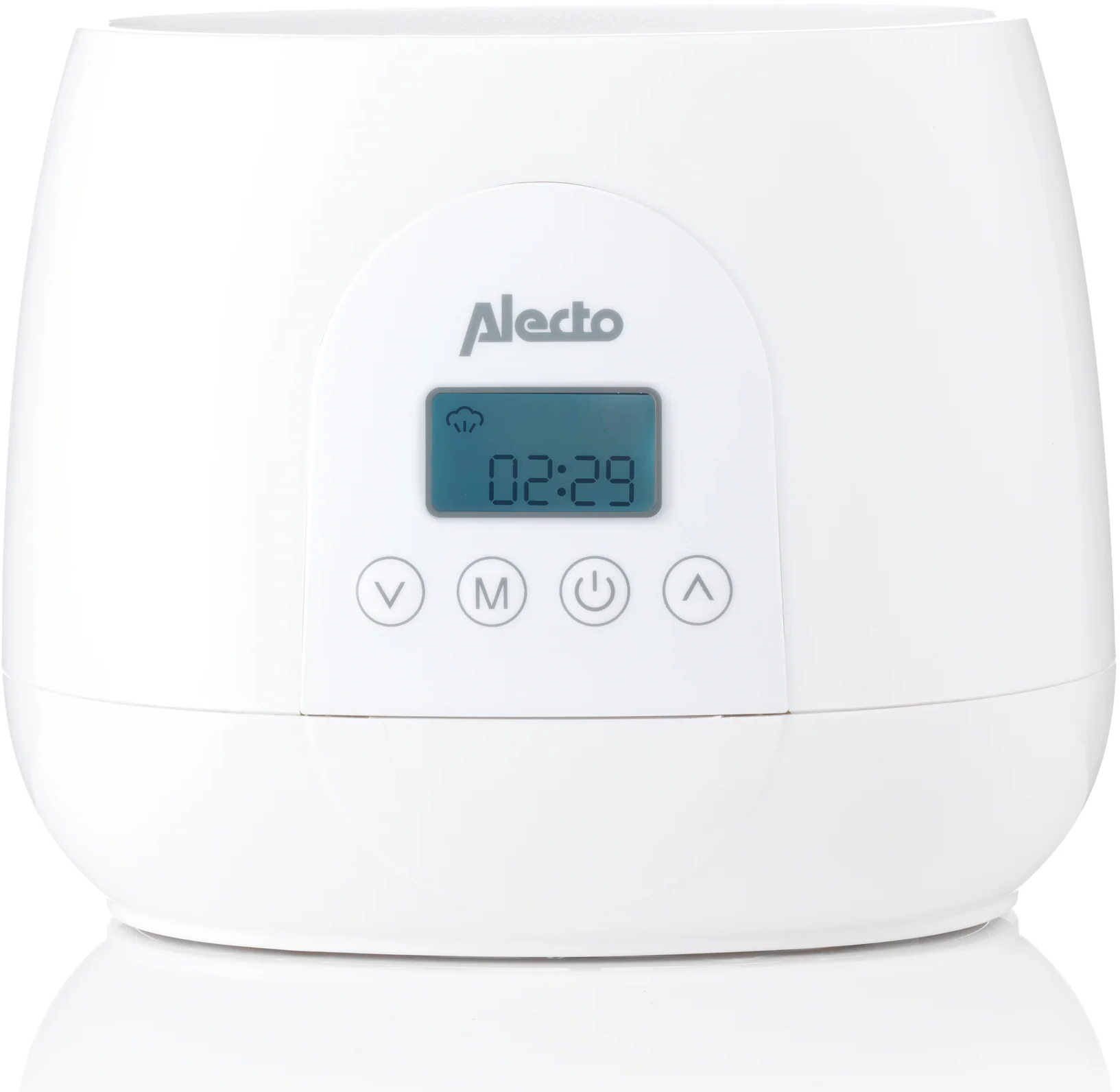 Ein weißer Alecto-Luftbefeuchter mit digitaler Anzeige zeigt 02:29 an.