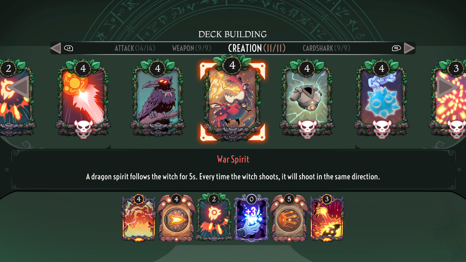 Schermafbeelding van een game-interface met kaartselectie. Kaarten worden weergegeven op een donkergroene achtergrond.