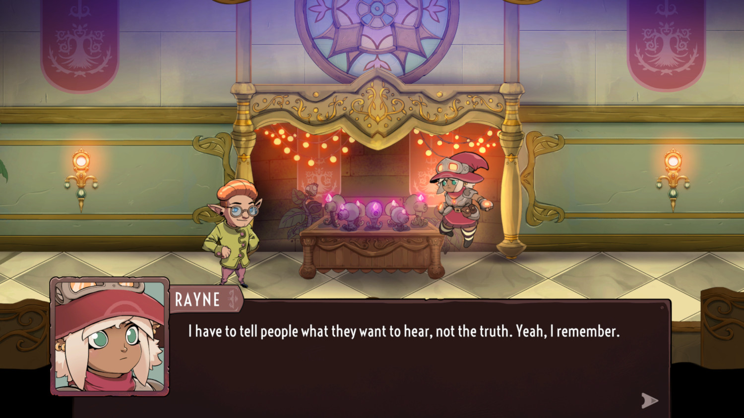 Gamescène met twee personages die in gesprek zijn. Een dialoogvenster met tekst verschijnt. Een gedecoreerde tafel staat op de achtergrond.