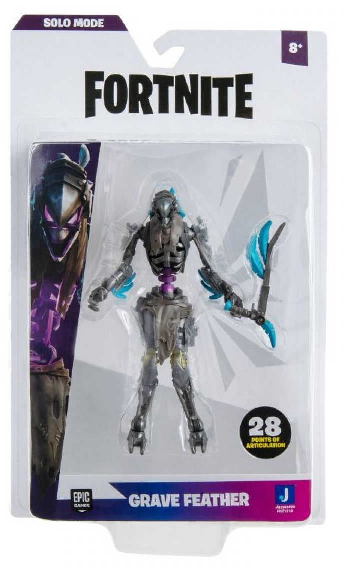 Fortnite Grave Feather akciófigura, csomagolva. A figurát és a márkát mutatja.