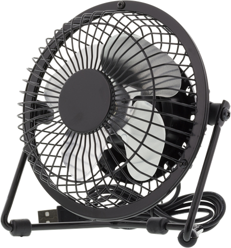 Ein kleiner schwarzer USB-Tischventilator mit Metallgitter und Metallblättern.