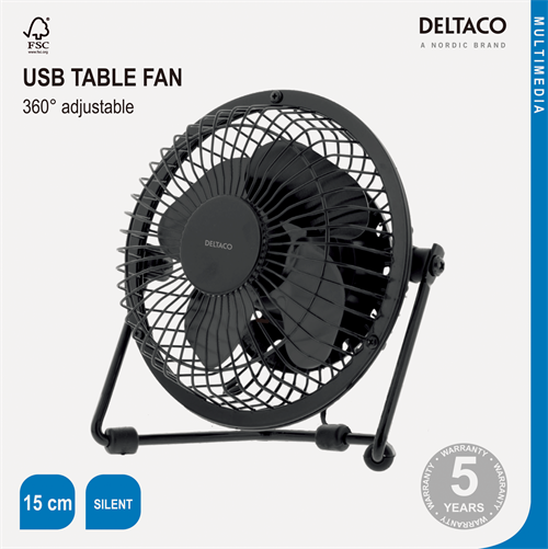 Ein schwarzer USB-Tischventilator mit 360 Grad Verstellbarkeit.