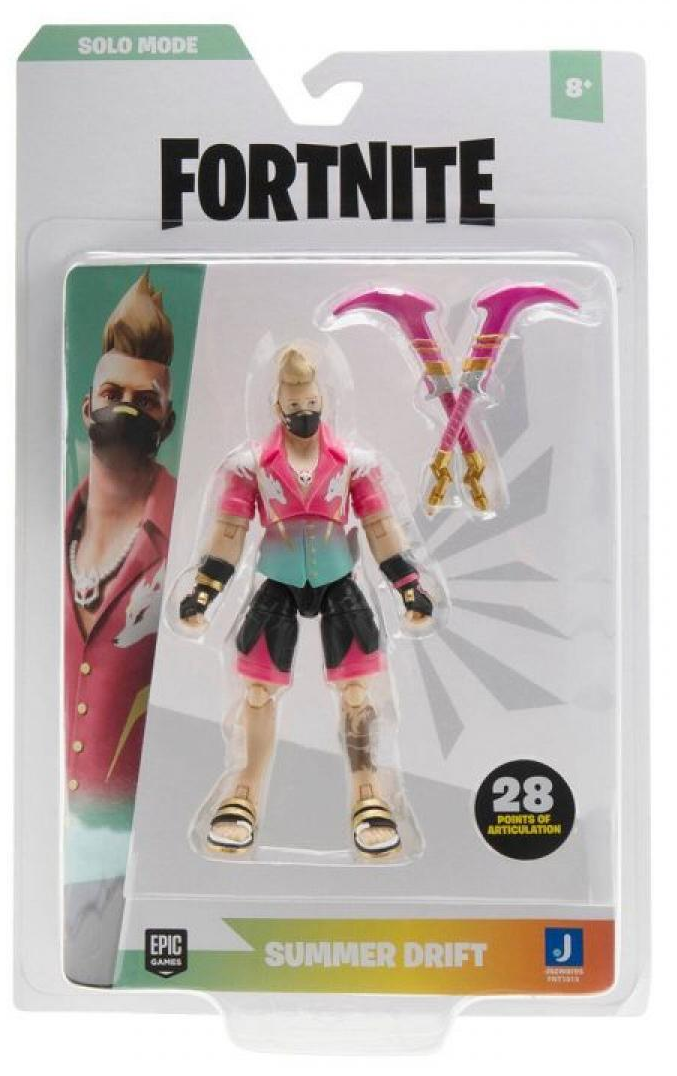 Fortnite Summer Drift akciófigura buborékcsomagolásban. Tartalmazza a figurát és két rózsaszín csákány kiegészítőt.