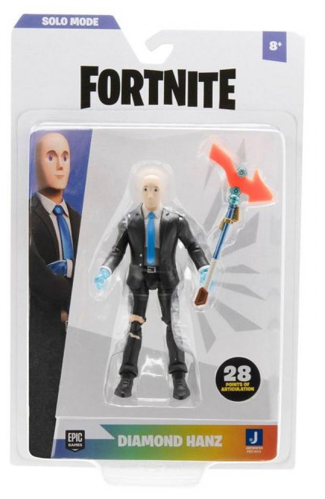 Fortnite Diamond Hanz akciófigura buborékcsomagolásban. A figura öltönyt visel és csákánya van.