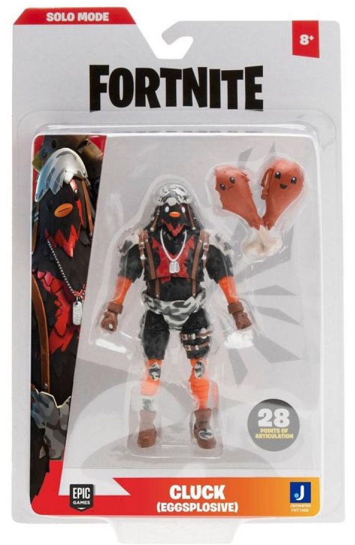 Fortnite Cluck figura a csomagolásban. A figura egy csirke-szerű karakter tartozékokkal.