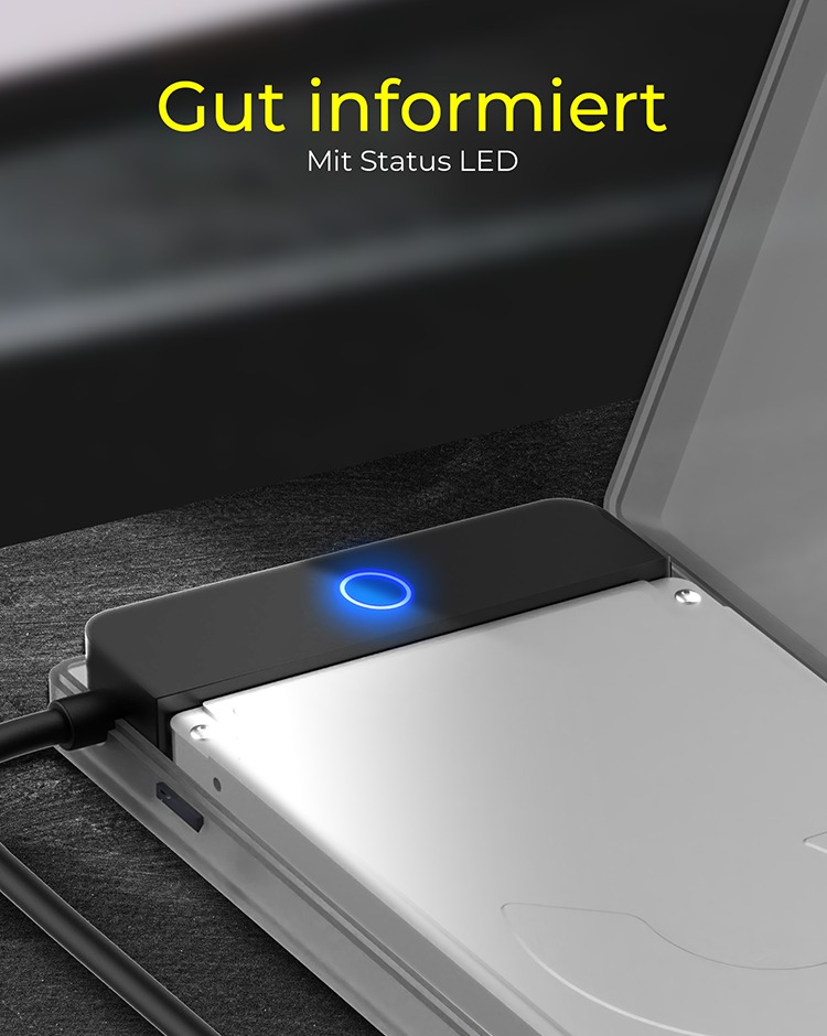 Schwarzes Festplattengehäuse mit USB 3.0 und Stromanschlüssen.