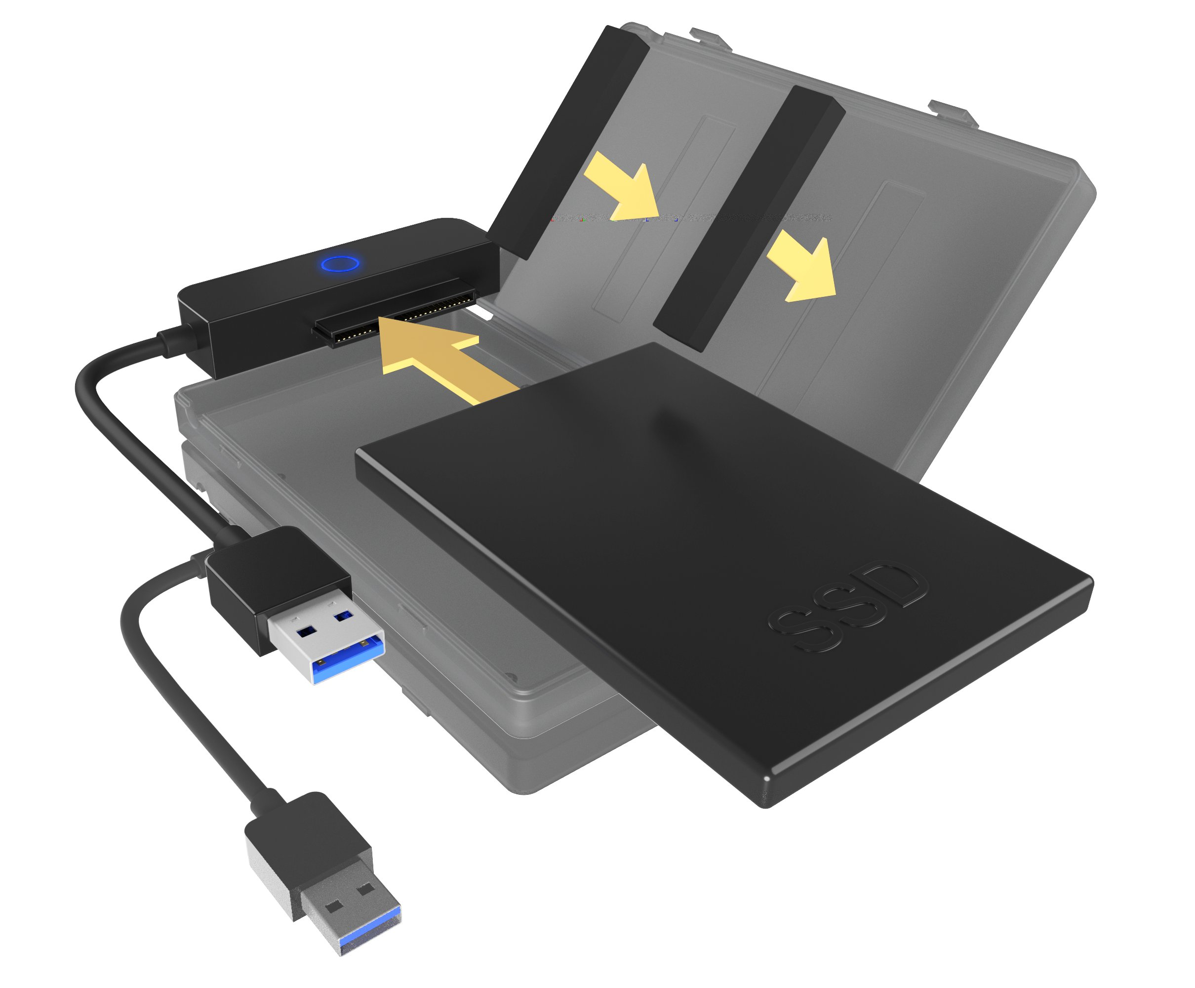 SSD-Gehäuse mit eingelegter SSD.