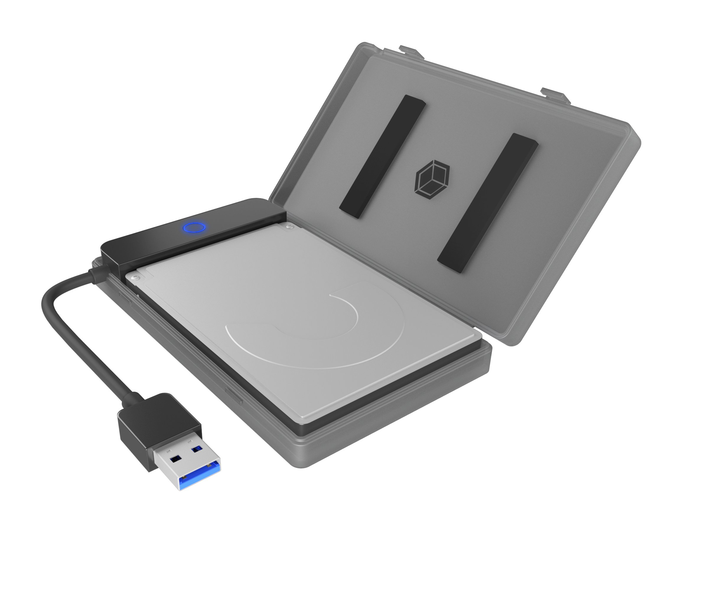 Geöffnetes graues externes Festplattengehäuse mit Festplatte und USB-Kabel.