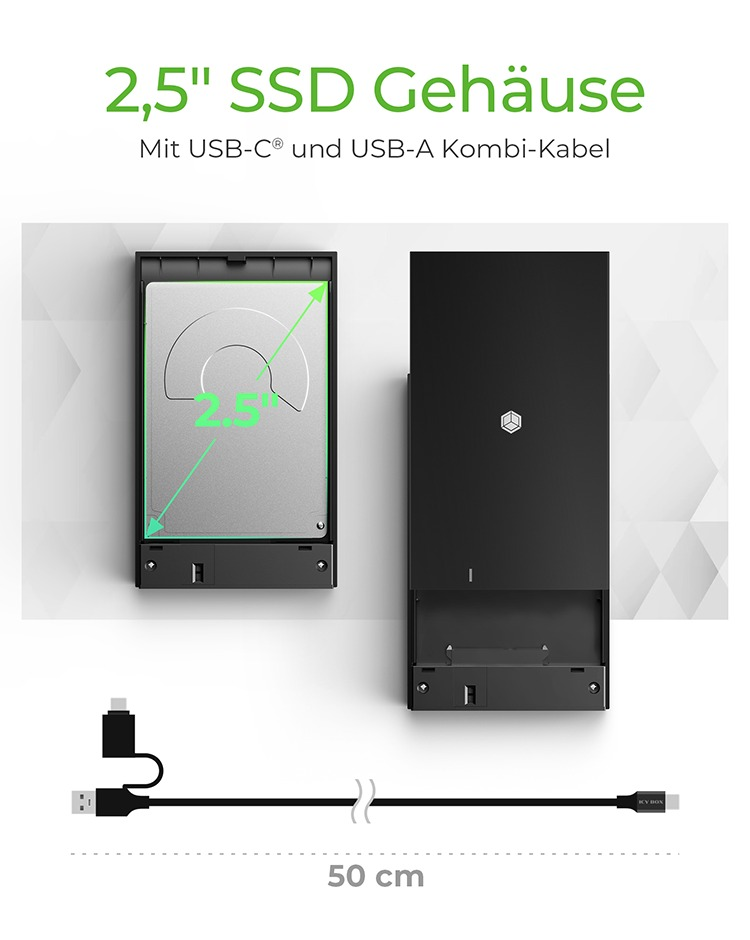 Zwei schwarze SSD-Gehäuse, eines geöffnet, mit USB-C-Kabel und Produkttext.