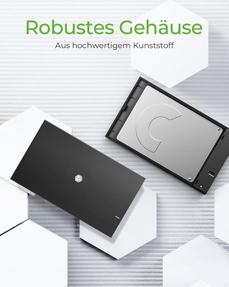Eine schwarze und silberne Solid-State-Disk (SSD) in einem schwarzen Kunststoffgehäuse. Der Text lautet 'Robustes Gehäuse'.