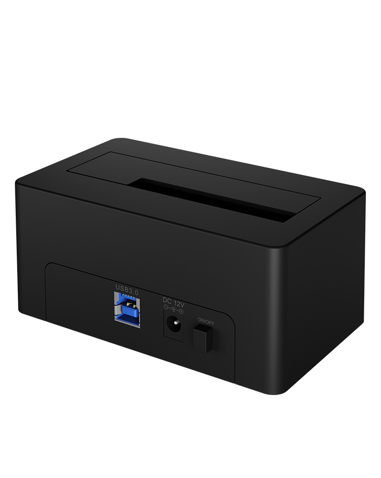 Schwarze Festplatten-Dockingstation mit USB 3.0 und Stromanschlüssen.