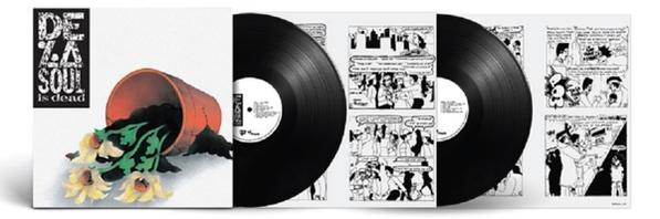 Album borítója a "De La Soul Is Dead" címmel. Egy cserép virágokat önt. Két bakelit lemez látható.