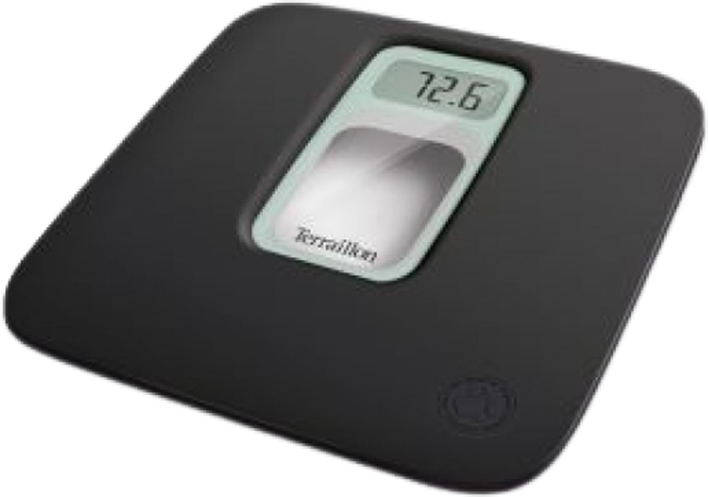 Bilancia digitale nera con display digitale che mostra '72.6'.