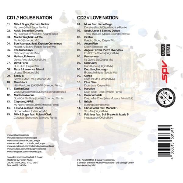 CD-Compilation mit Titellisten. Weißer Hintergrund, verschiedene Logos und Text.