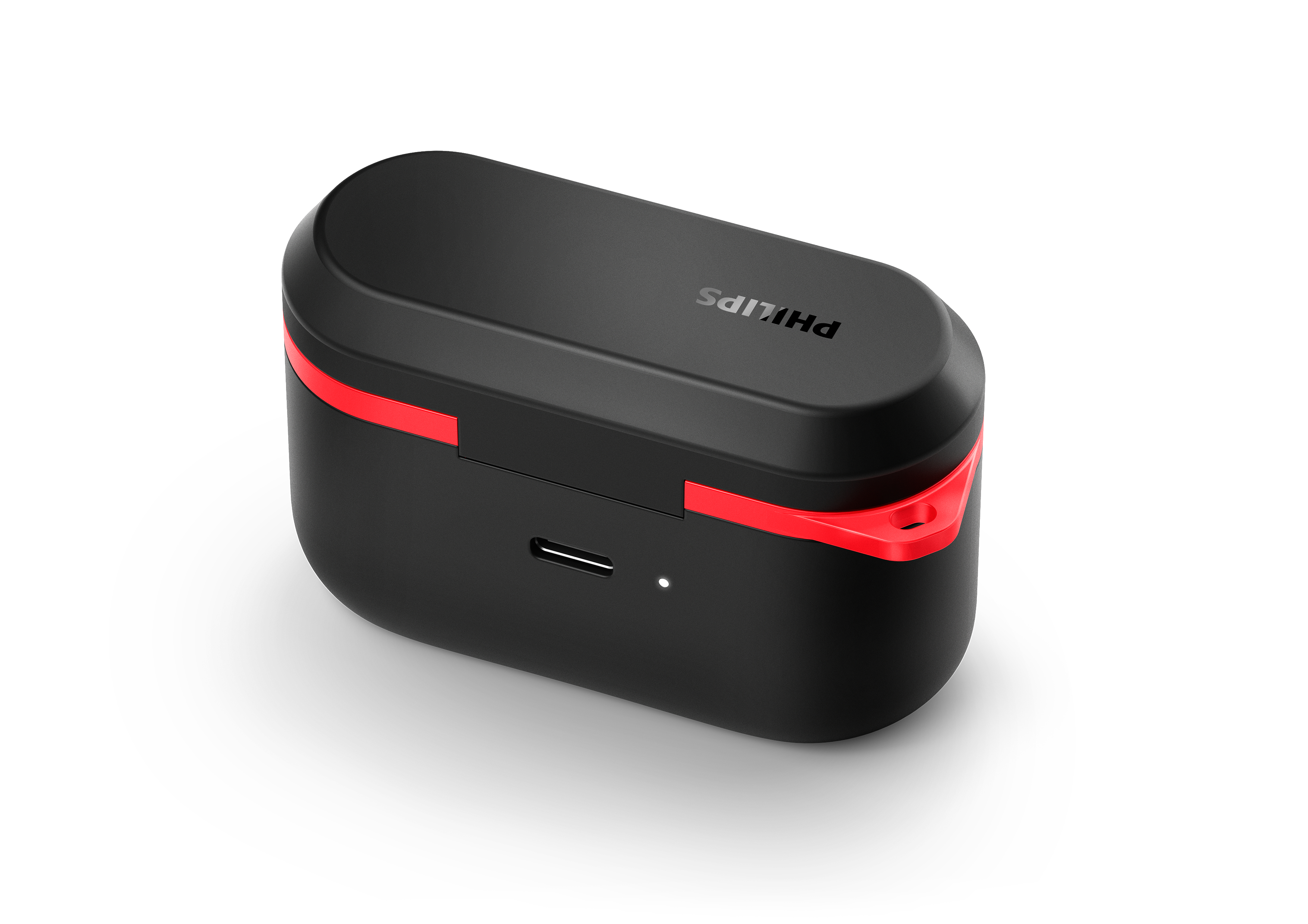 Schwarzes und rotes Kopfhörer-Etui mit Philips-Logo.