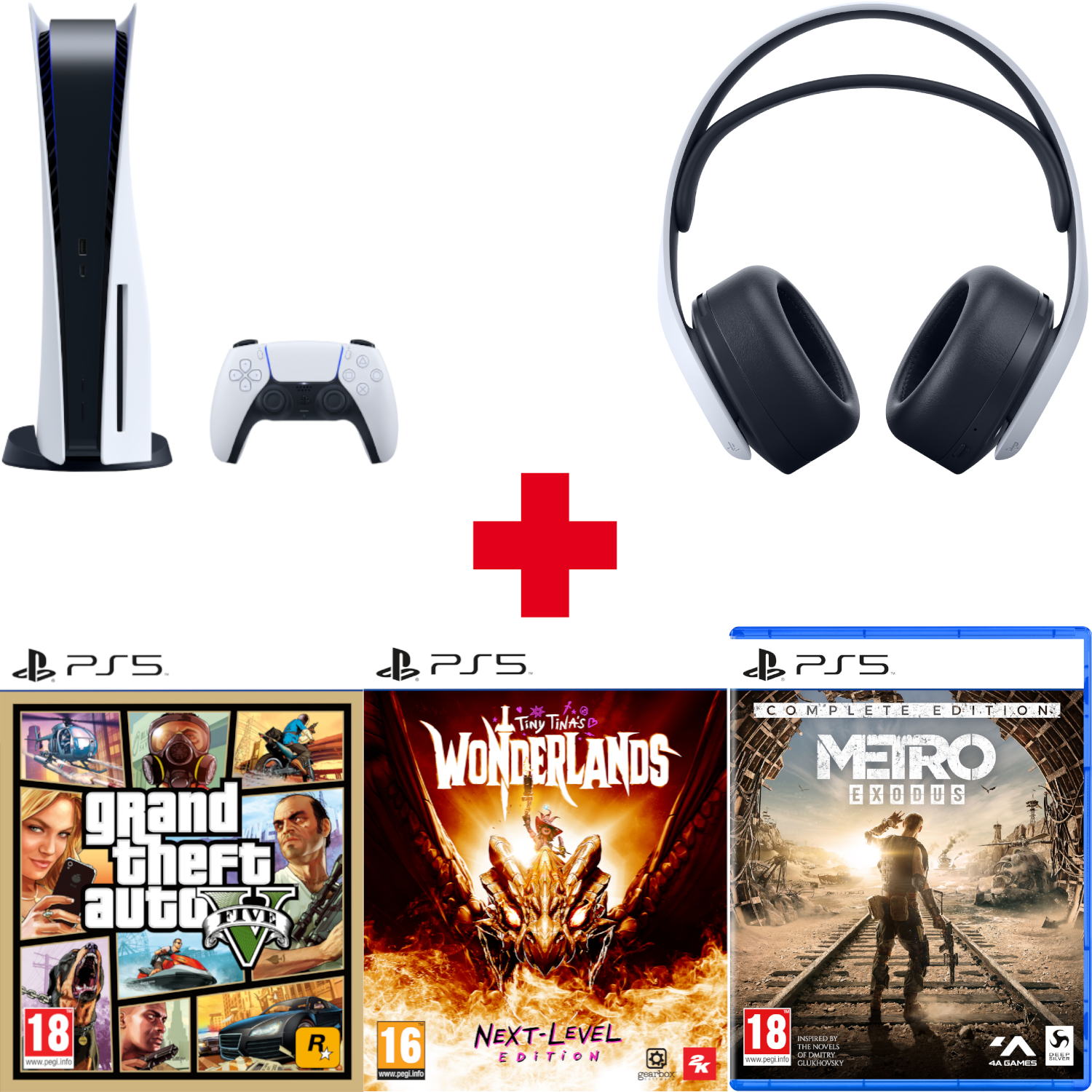 Gamingbundel: PS5-console, controller, koptelefoon en drie gamecovers.