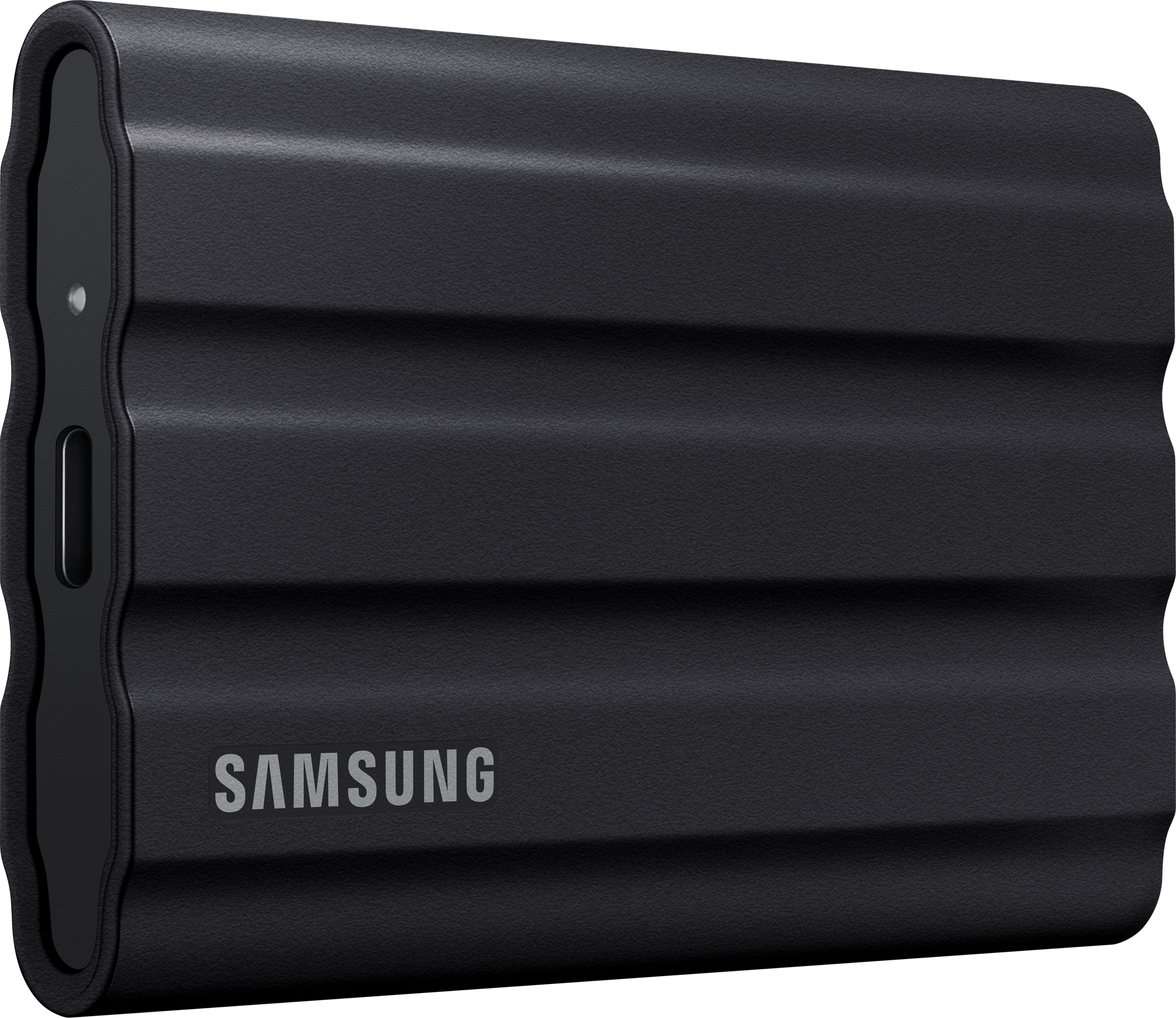 Disque dur externe Samsung noir avec surface texturée, logo Samsung visible.