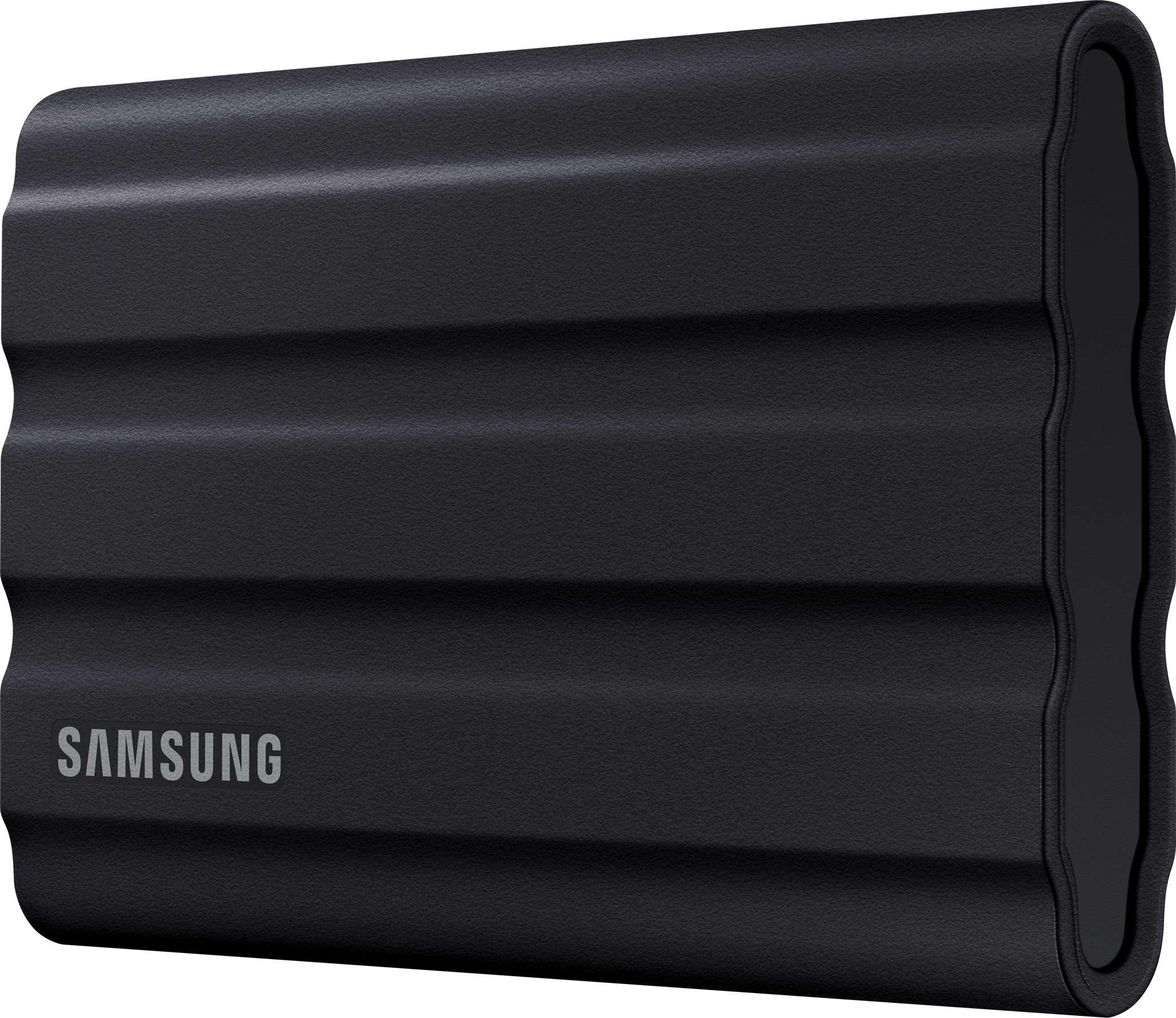Disque dur externe Samsung noir avec des bords arrondis.