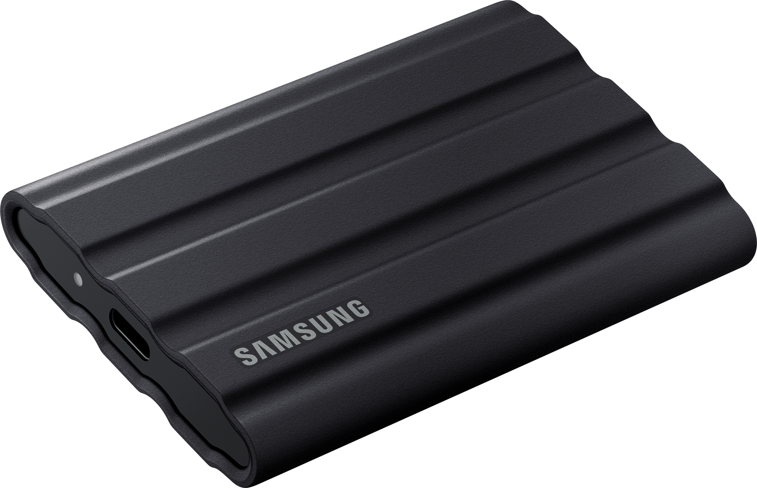 SSD portable noir, rainuré, avec le mot SAMSUNG en argent. Port USB-C visible.