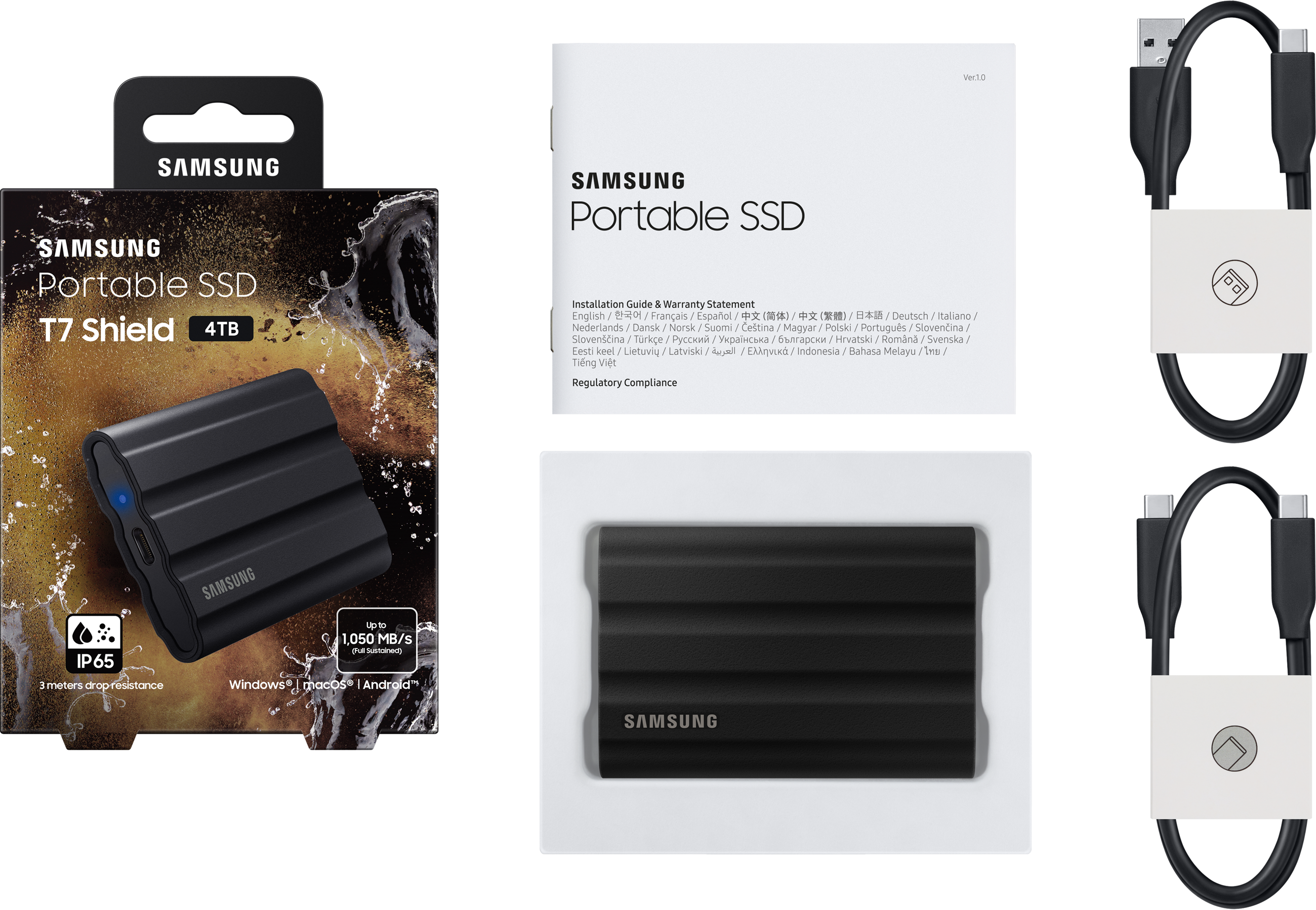 Un SSD portable Samsung noir, avec emballage, câbles et manuel. Le SSD est noir.