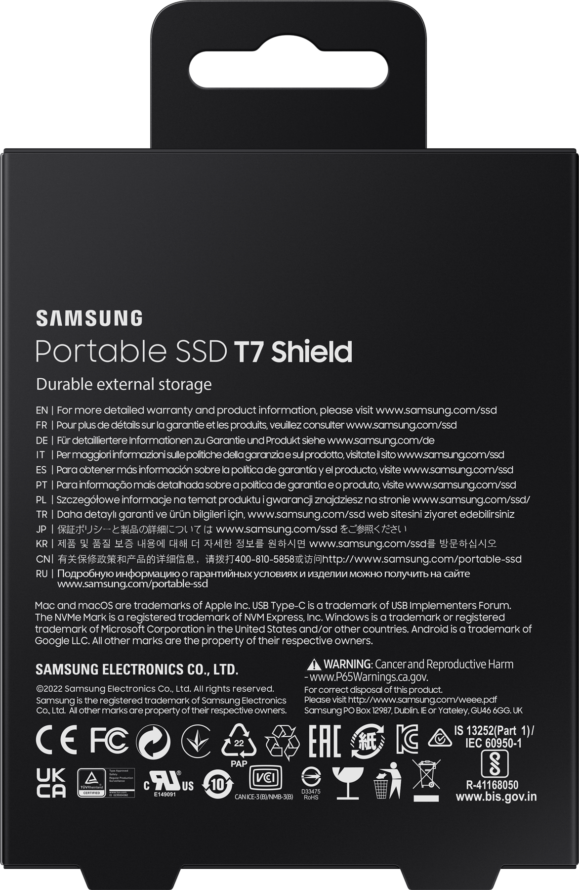 Boîte noire et blanche pour un SSD portable Samsung T7 Shield.