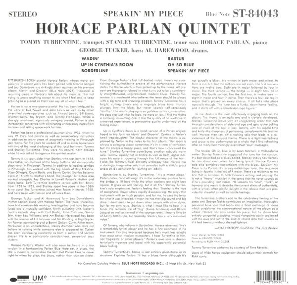 Albumcover mit Text über das Horace Parlan Quintet. Text in Schwarzweiß. Blue Note-Label.
