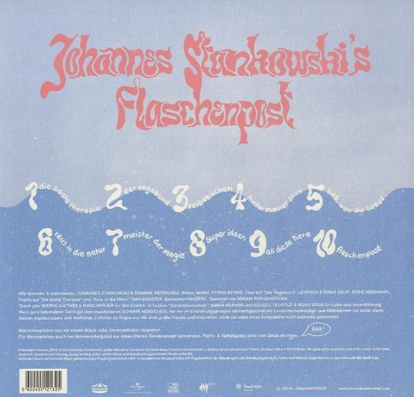 Poster mit dem Titel 'Johannes Stankowski's Flaschenpost' auf blauem Hintergrund.