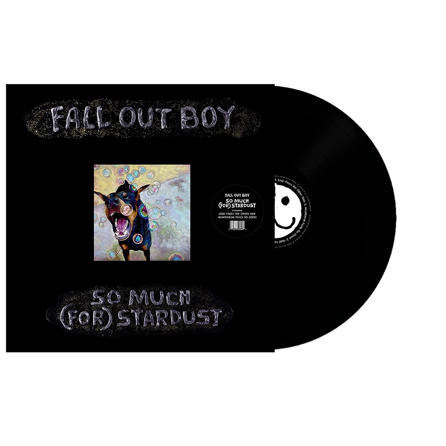 Fall Out Boy Vinyl-Schallplatte, schwarz mit Albumcover und Text. Ein Hund mit Blasen ist im Artwork.