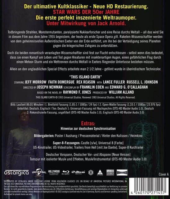 Rückseite einer DVD-Hülle mit Text und Bildern aus dem Film 'This Island Earth'.