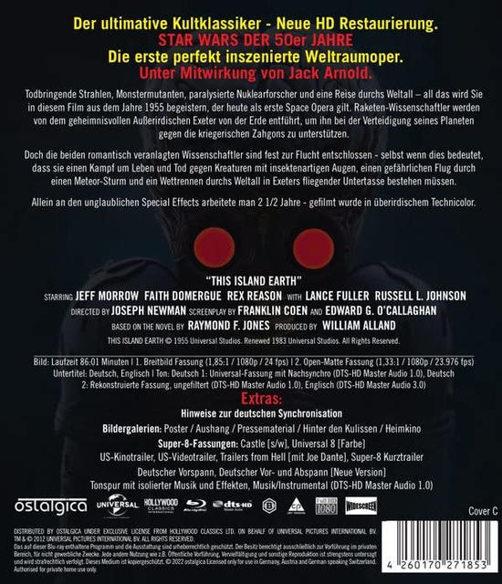 Rückseite einer DVD-Hülle mit Text auf Deutsch, Werbung für einen Science-Fiction-Film.