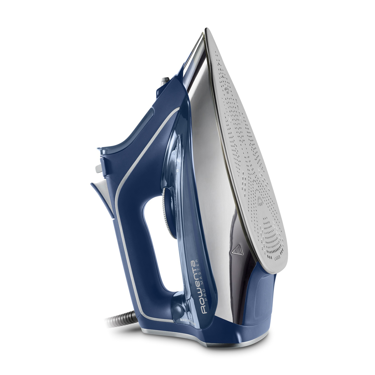 Ferro da stiro Rowenta Pro Style blu e argento, sfondo bianco.