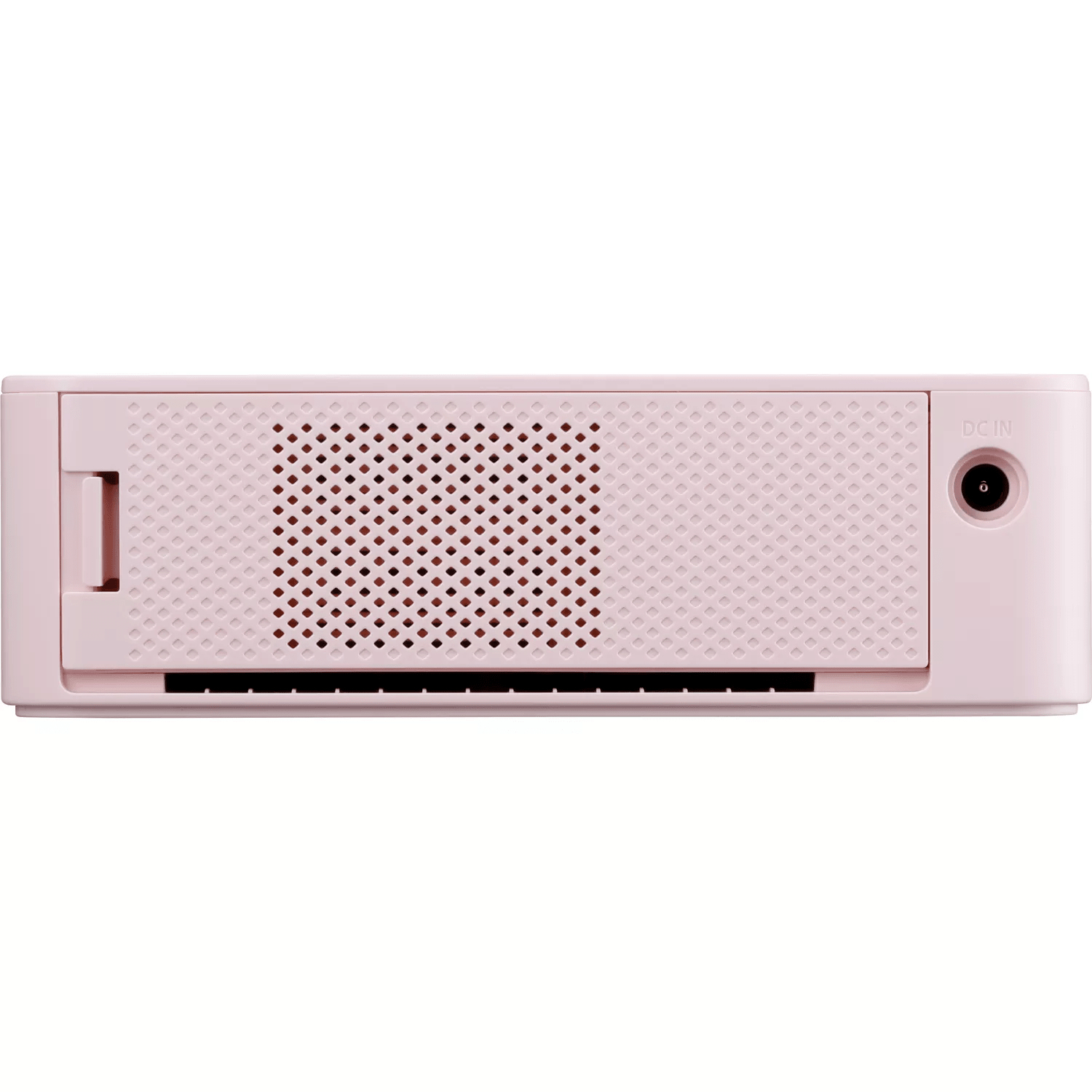 Disco duro externo rosa con patrón de rejilla y un pequeño botón de encendido.