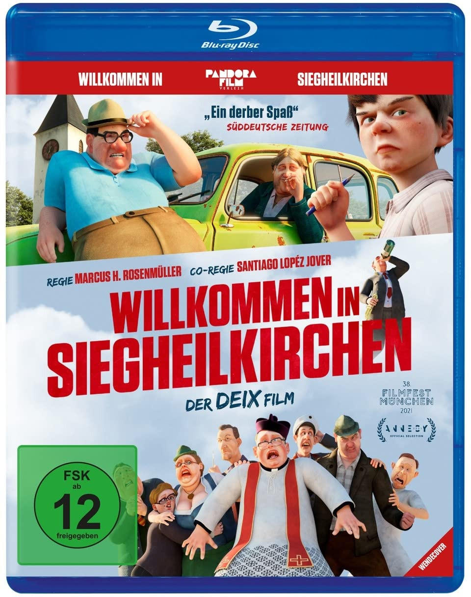 Blu-ray-Cover, Willkommen in Sieheilkirchen. Mehrere Personen auf dem Cover. Cartoon-Stil.