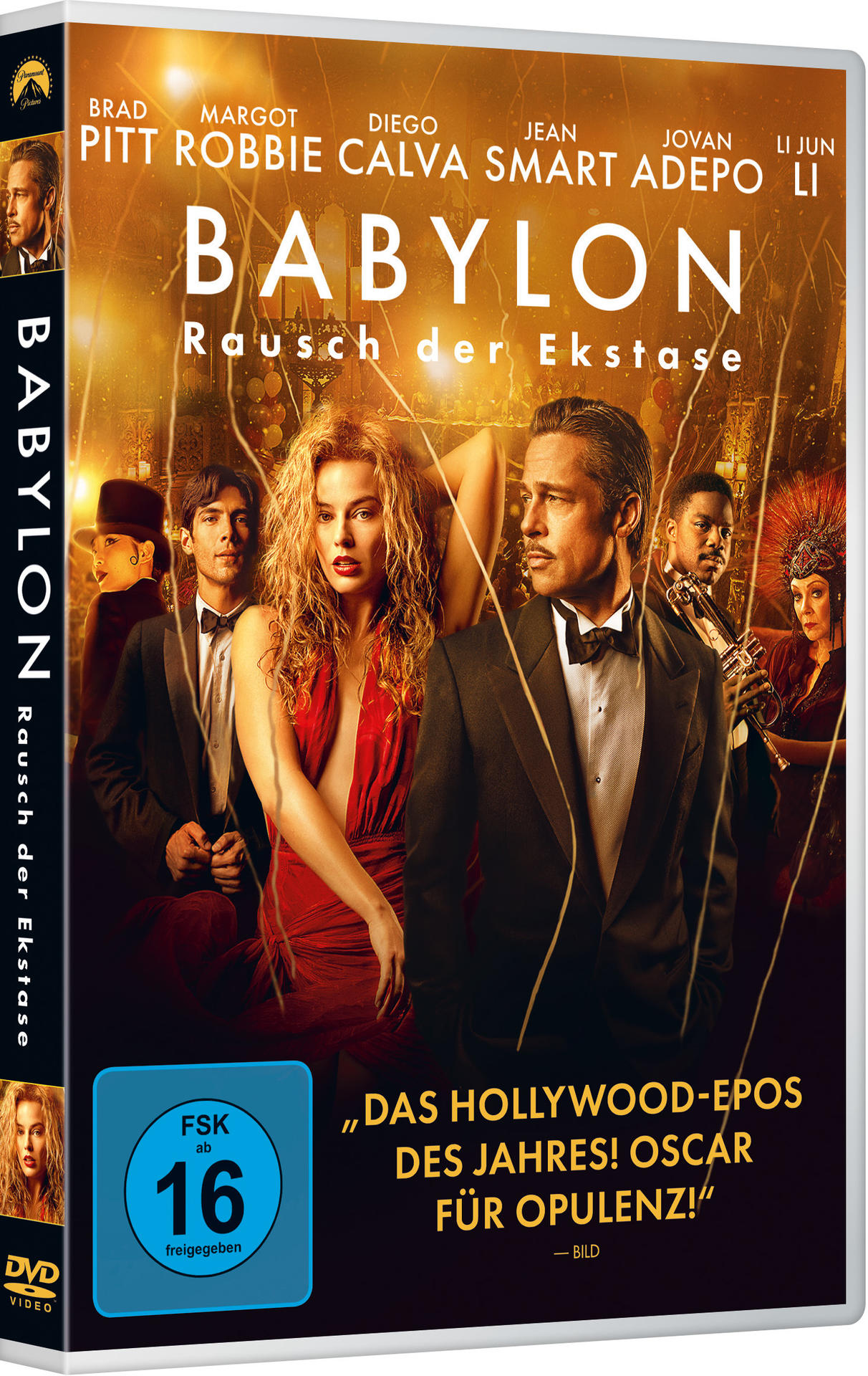 DVD-Cover: Brad Pitt und Margot Robbie auf einem Filmplakat. Deutscher Titel: Babylon.