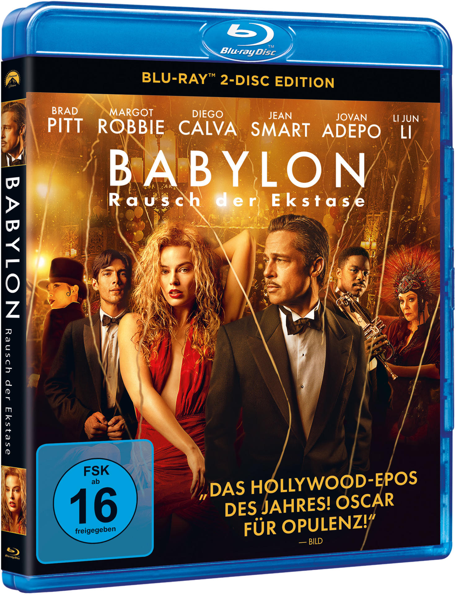 Blu-ray-Hülle für den Film 'Babylon' mit den Schauspielern Brad Pitt und Margot Robbie.