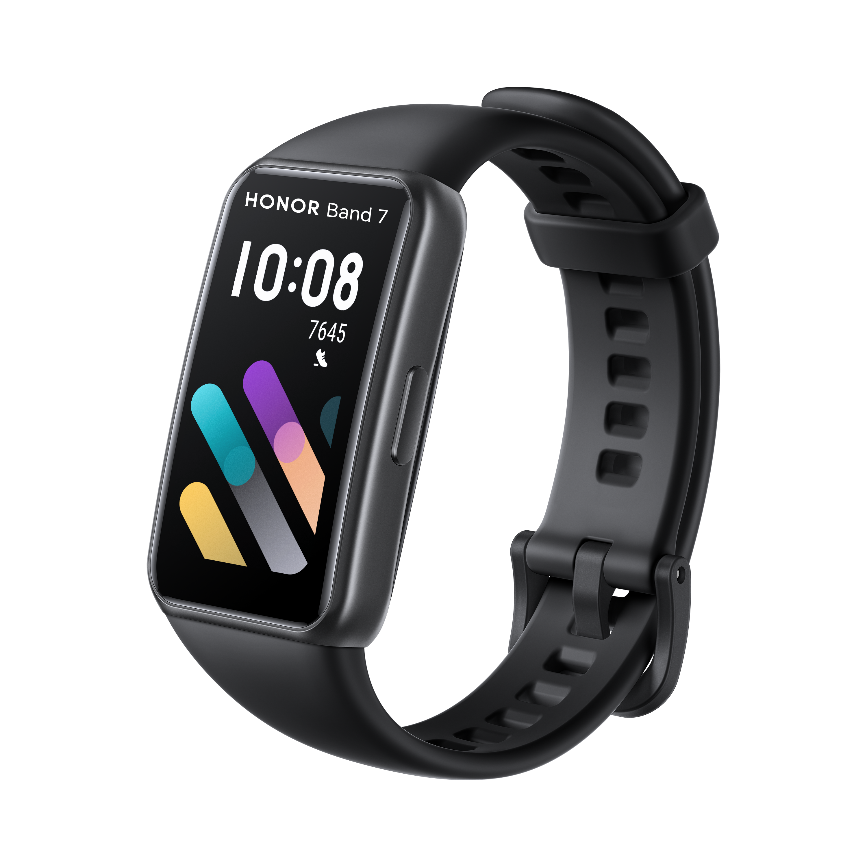 Fekete Honor Band 7 okosóra. A képernyőn az idő, a dátum és a tevékenységi adatok láthatók.