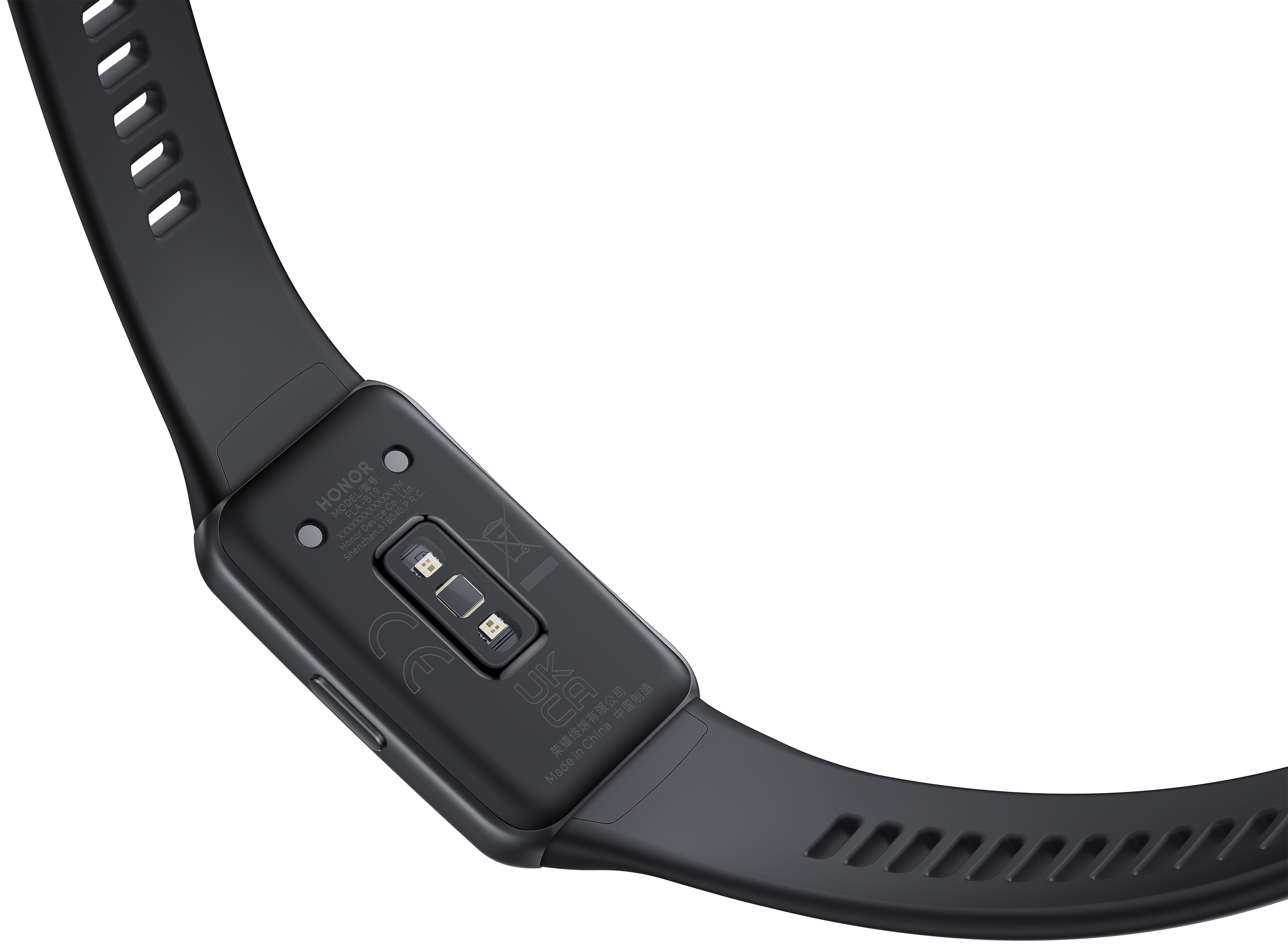 Fekete Honor fitnesz tracker, alsó oldala. Érzékelők és töltő érintkezők láthatók.