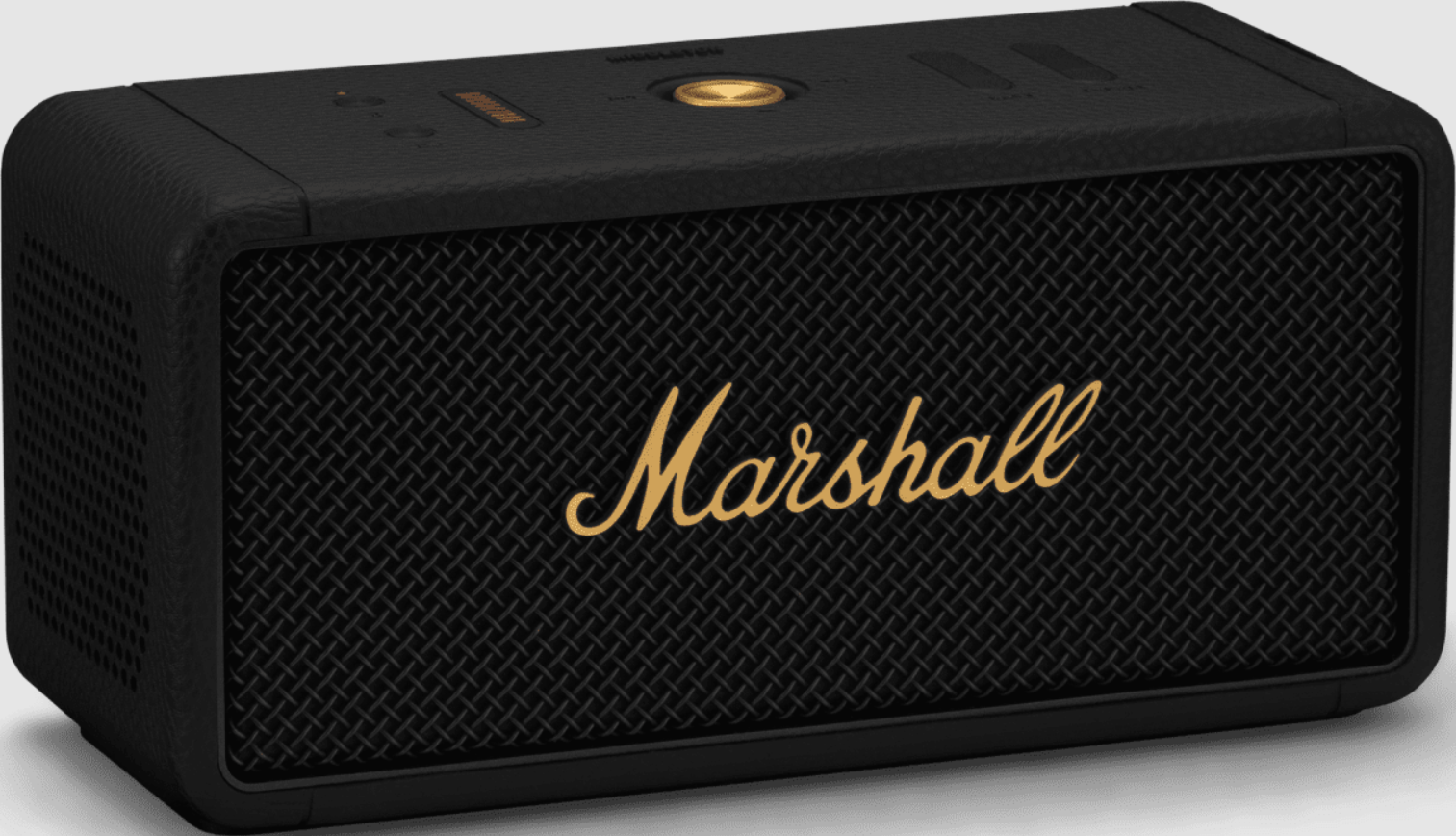 Ein schwarzer Marshall-Lautsprecher mit dem Marshall-Logo in Gold.